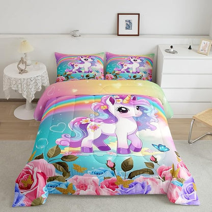 Cartoon Unicorn Kids Comforter Set King Size,Roses Flowers Butterfly Princess Bedding Set,Girls Women Room Decor,Rainbow Unicorn Cute Down Comforter,Pink Blue Romantic Duvet Insert,2 Pillowcases