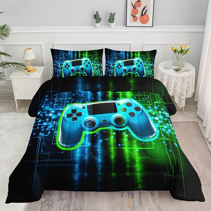 Datura home Video Gamer Comforter Set for Kids Teens Adults,Green Black Gamepad Modern Gamer Gaming Printed Bedding Set with 1 Comforter and 2 Pillowcases(Gamepad Green Queen)