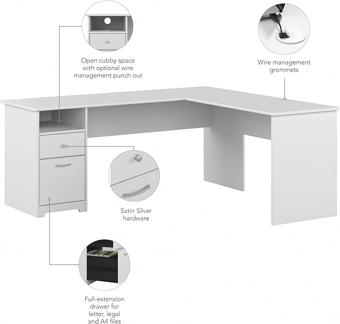 Bush Furniture L Shaped Desk with Drawers for Executive and Home Office | Cabot Collection Corner Table with Storage and Chrome Hardware Return, 72W, White
