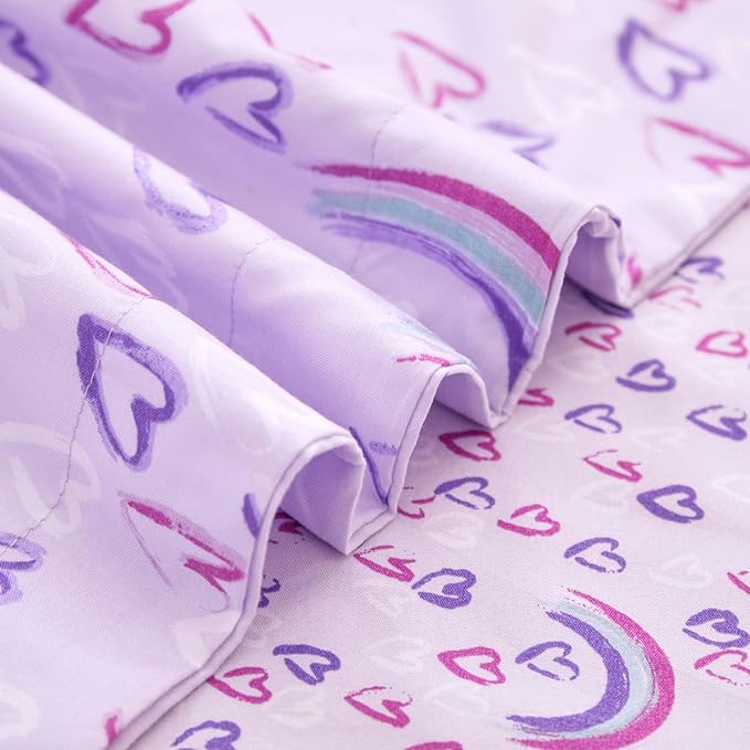 Mooreeke Queen Size Comforter Sets for Girls Kids, 8 Pieces Bed in a Bag Purple Love Heart Rainbow Bedding Comforter Sheet Set with Shams and Decorative Toy Pillow, Ultral Soft Microfiber Kids Bed Set