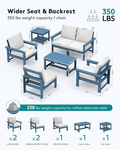 SERWALL HDPE Patio Coversation Set, 7-piece Outdoor Sectional Sofa Set, All Weather Patio Couch Set Patio Furniture for Balcony, Deck, Navy Frame with Khaki Cushion