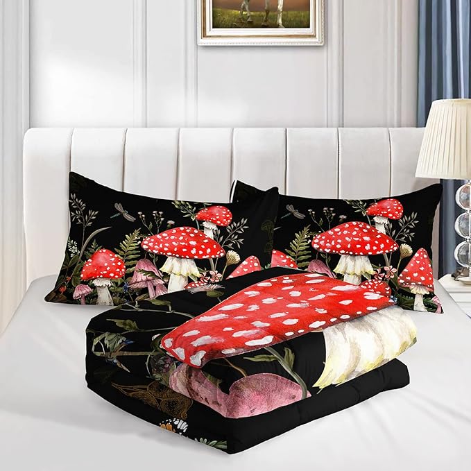 Red Mushroom Kawaii Comforter Set Twin Size Kids Mushroom Dragonfly Bedding Set Botanical Plant Theme Print Quilt Bed Set for Boys Girls Adults with 1 Comforter and 2 Pillowcases