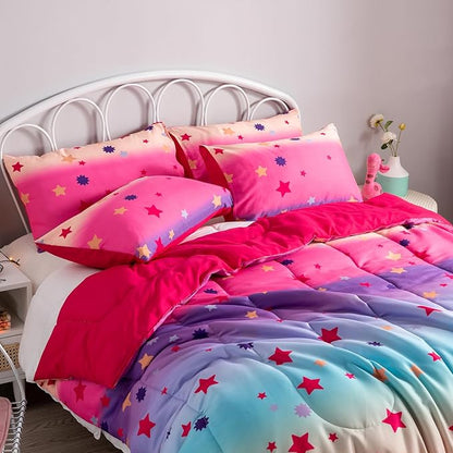 Twin/Twin XL Comforter Set for Girls Rainbow Bedding Set 2 Pieces with Multicolor Stars Pink Comforter Set Twin Size with Pillowcase for Kids, Teenagers