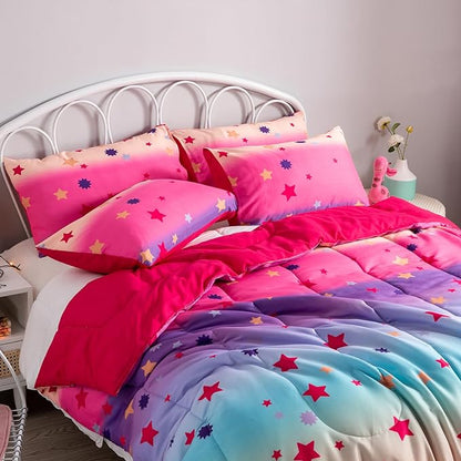 Full Comforter Set for Girls Rainbow Bedding Set 3 Pieces with Multicolor Stars Pink Comforter Set Full Size with Pillowcase for Kids, Teenagers