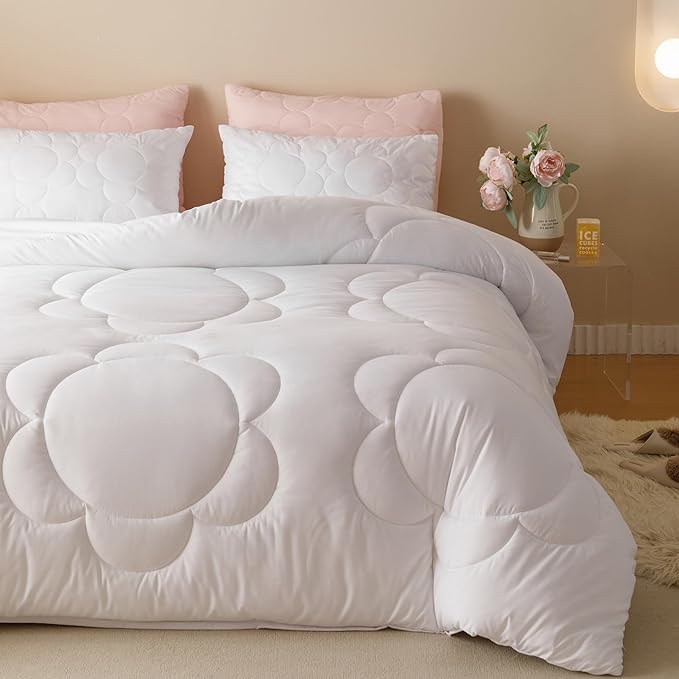 White Flower Comforter Queen White Sunflower Print Bed Queen Comforter Set 3 Pieces White Floral Comforter Set for Women Girls Bedroom Decor All Season Hotel Quality Comforter Set