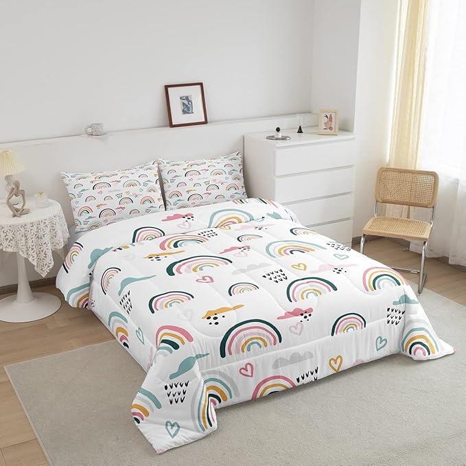 Erosebridal Rainbow Bedding Set for Kids Girls, Pink Love Heart Comforter Set Queen Size Cartoon Cloud Geometric Stripes Bedding Comforter for Boys Children Women Watercolor Art Girly Duvet Sets