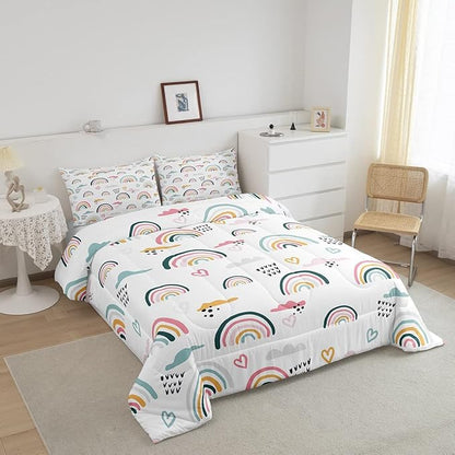 Erosebridal Rainbow Bedding Set for Kids Girls, Pink Love Heart Comforter Set Twin Size Cartoon Cloud Geometric Stripes Bedding Comforter for Boys Children Women Watercolor Art Girly Duvet Sets