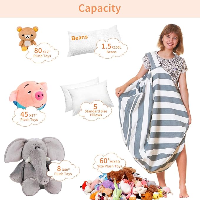 Aubliss Stuffed Animal Bean Bag Storage Chair, Beanbag Covers Only for Organizing Plush Toys, Turns into Bean Bag Seat for Kids When Filled, Medium 32"-Canvas Stripes Grey/White