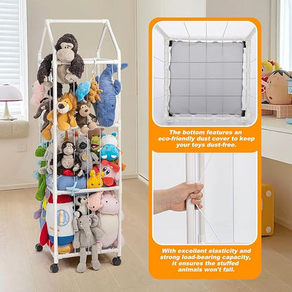 Stuffed Animal Zoo Storage, Extra Large Stuffed Animal Holder with Dust Cloth and Universal Wheels, Toy Storage Organizer, Plush Storage Organizer Shelf for Birthday Gift, Nursery Play Room Bedroom