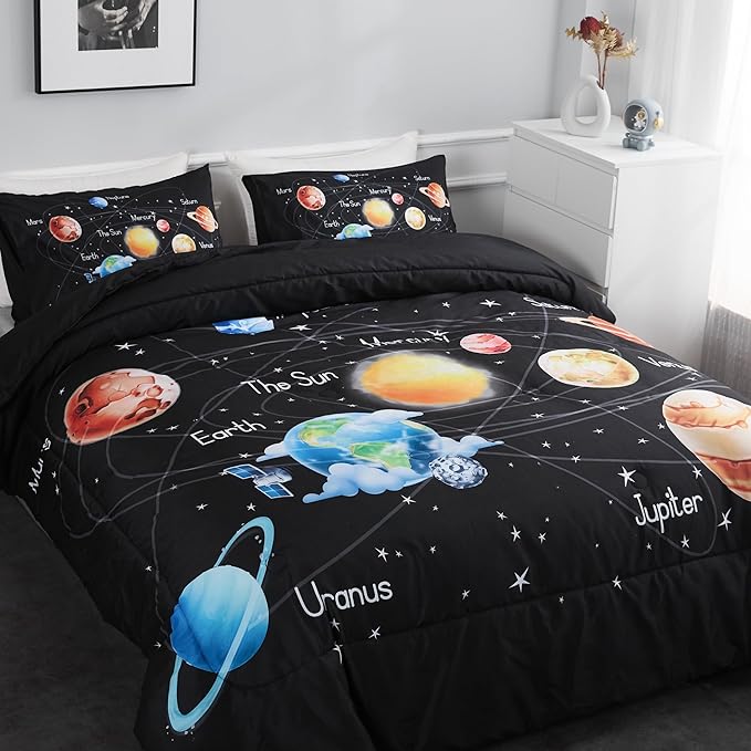 Outer Space Bedding Set King Solar System Comforter Set 3 Pieces 1 Space Comforter Twin and 2 Pillow Cases for Boys Girls Kids Ultra-Soft Microfiber All Seasons for Bedroom Sofa