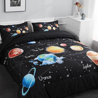 Outer Space Bedding Set King Solar System Comforter Set 3 Pieces 1 Space Comforter Twin and 2 Pillow Cases for Boys Girls Kids Ultra-Soft Microfiber All Seasons for Bedroom Sofa