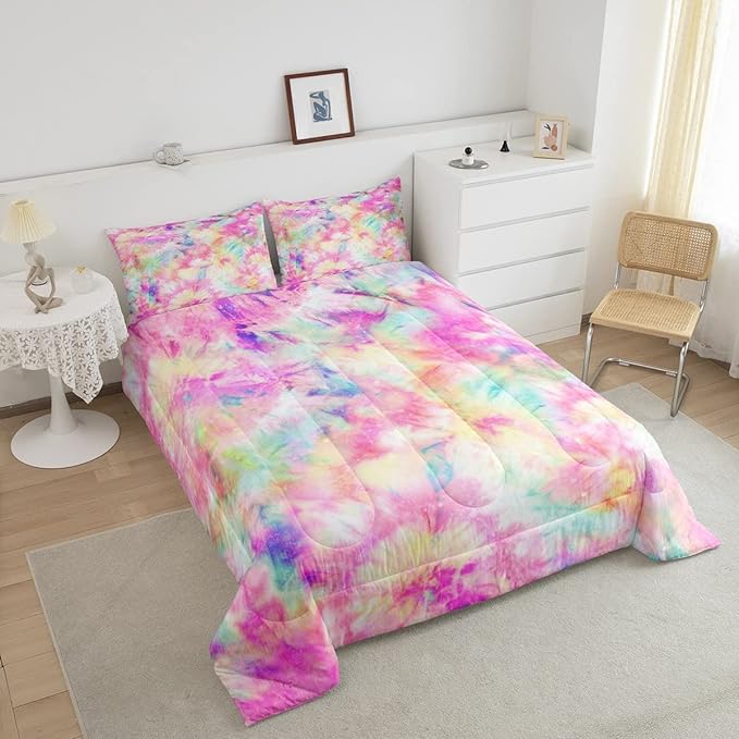 Erosebridal Kids Tie Dye Comforter Set, Bohemian Batik Down Comforter Queen Size, Boho Psychedelic Bedding Comforters for Children Girls Boys Teens Bedroom, Trippy Tattoo Watercolor Quilted Duvet