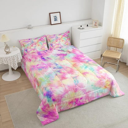 Erosebridal Kids Tie Dye Comforter Set, Bohemian Batik Down Comforter Queen Size, Boho Psychedelic Bedding Comforters for Children Girls Boys Teens Bedroom, Trippy Tattoo Watercolor Quilted Duvet