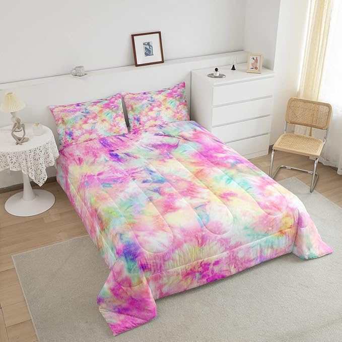 Erosebridal Kids Tie Dye Comforter Set, Bohemian Batik Down Comforter Twin Size, Boho Psychedelic Bedding Comforters for Children Girls Boys Teens Bedroom, Trippy Tattoo Watercolor Quilted Duvet