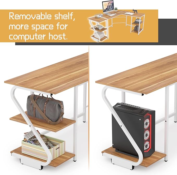 L Shaped Desk Reversible, Corner Computer L Desk with Storage Shelves, Modern Gaming Desk Workstation for Home Office, Walnut