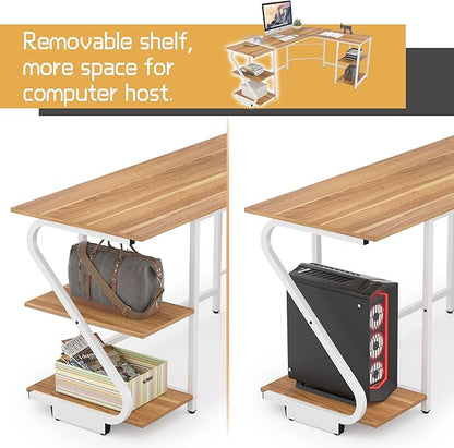 L Shaped Desk Reversible, Corner Computer L Desk with Storage Shelves, Modern Gaming Desk Workstation for Home Office, Walnut