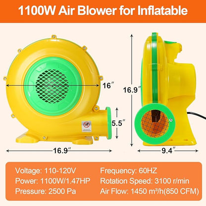 Bounce House Blower, 1100W 1.47HP Commercial Air Blower with Double-sided Fan Blade Design, Strong Wind and Great Heat Dissipation Properties for Large Bouncy Castle, Jump Slides, Arch
