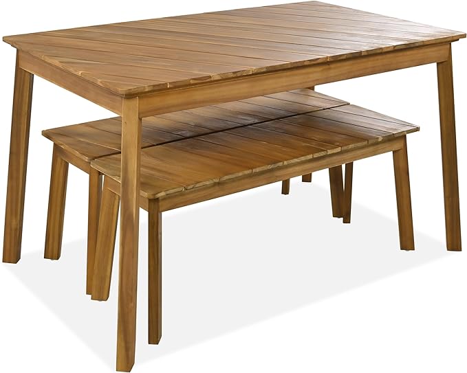 3-Pieces Patio Dining Set with Acacia Wood Tabletop and 2 Benches, Outdoor & Indoor Table and Chairs Furniture for Picnic Barbecue, Porch, Garden, Poolside, Onesize, Natural