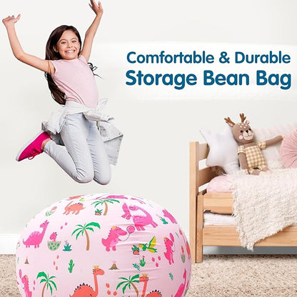 Lukeight Stuffed Animal Storage Bean Bag Chair Cover for Kids, Dinosaur Zipper Beanbag Chair Cover for Organizing Toddler & Kids' Rooms Plush Toys (Dinosaur Blush, X-Large)