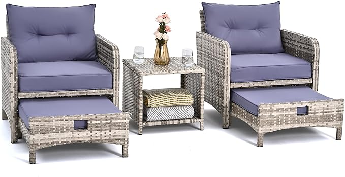Pamapic 5 Pieces Wicker Patio Furniture Set Outdoor Patio Chairs with Ottomans Conversation Furniture with coffetable for Poorside Garden Balcony(Purple Cushion + Grey Ratten)…