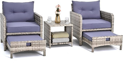 Pamapic 5 Pieces Wicker Patio Furniture Set Outdoor Patio Chairs with Ottomans Conversation Furniture with coffetable for Poorside Garden Balcony(Purple Cushion + Grey Ratten)…
