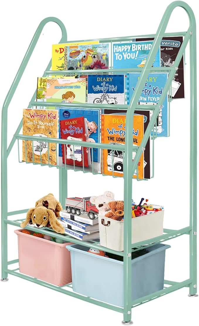 aboxoo Metal Kids Bookshelf Green Bookcase Freestanding for Children Room 24 in Toy Organizer Green Stable Bookcase Bookstore Library Book Unit Storage