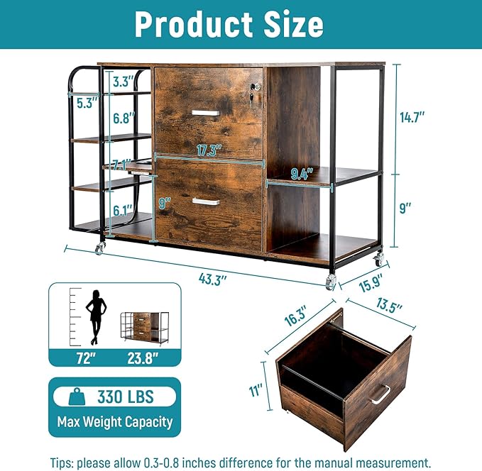 Lateral File Cabinet, 2 Drawer Mobile Filing Cabinet with Outlet, Open Storage Side Shelves, Locking Drawer Fits A4/Letter/Legal Size File Cabinets for Home Office, Brown