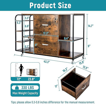 Lateral File Cabinet, 2 Drawer Mobile Filing Cabinet with Outlet, Open Storage Side Shelves, Locking Drawer Fits A4/Letter/Legal Size File Cabinets for Home Office, Brown