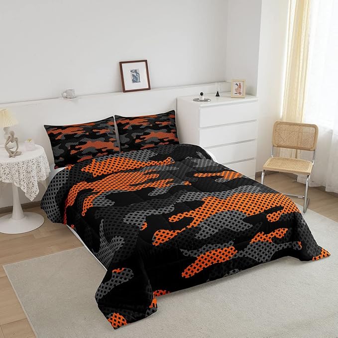 Erosebridal Army Camouflage Comforter Set Twin Size Teens Adult Camo Bedding Set for Kids Boys Girls Colorful Pattern Decor Down Comforter Orange Black Grey Duvet Set Geometric Pattern Quilt Set