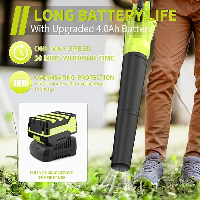 Leaf Blower 20V Leaf Blower Cordless with 4.0Ah Battery and Charger, High Power 400 CFM Electric Leaf Blower, Lightweight Handheld Cordless Blower for Lawn Care Yard Patio Garden Leaves Snow (Green)