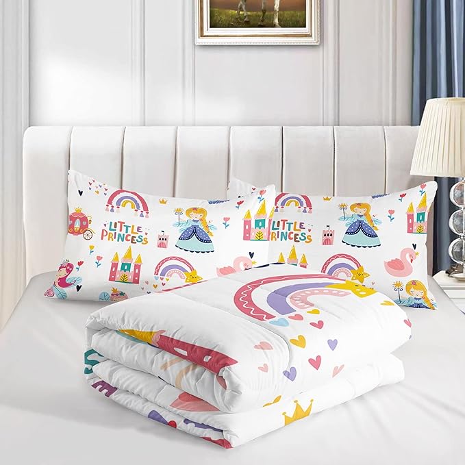Datura home Girls Bedding Comforter Set Little Princess and Rainbow Castle Printed Pattern Quilt Bedding Set with 1 Comforter and 2 Pillowcases for Girls Bedroom All Season(Princess Twin)