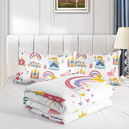 Datura home Girls Bedding Comforter Set Little Princess and Rainbow Castle Printed Pattern Quilt Bedding Set with 1 Comforter and 2 Pillowcases for Girls Bedroom All Season(Princess Twin)