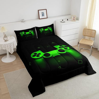 Gamer Comforter Set For Boys Queen,Gaming Bedding Comforters For Kids Teens Men Game Room Decor,Video Game Down Comforter Reversible Retro Green Gamepad Controller Quilt Duvet Sets Home Decor 3 Pcs