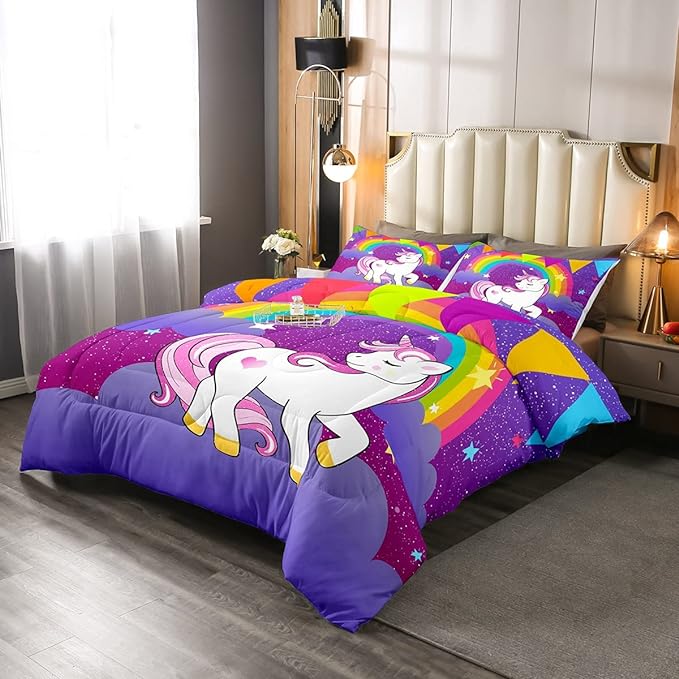 Erosebridal Kids Unicorn Down Comforter Queen Size Girls Comforter Set Cute Unicorn Print Bedding Set Girls Comforter Unicorn Kids Animal Cartoon Bedding Children White Unicorn Duvet Set, Purple