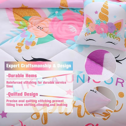 JQinHome Unicorn Twin Bedding Sets for Girls Kids,6 Piece Bed in A Bag 3D Colorful Flower Girl Unicorn Comforter Set with Sheet Set(Sparkle)