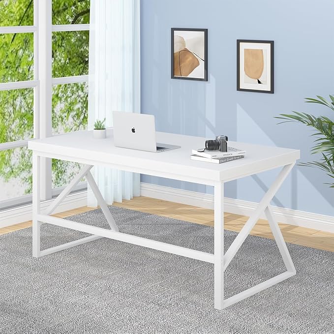 HSH White Desk, Modern Home Office PC Laptop Desk, Large Industrial Metal Wood Desk for Executive Writing Work Study Gaming, Long Student Computer Table for Bedroom Living Room, White Oak, 60 Inch