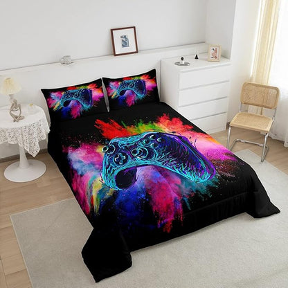 Erosebridal Boys Gaming Bed Comforter Set Queen Size,Kids Gamer Bedding Sets Girls,Colorful Tie Dye Video Game Quilt Comforter Navy Blue Gamepad Lightweight Bedding Set 1 Comforter with 2 Pillowcases