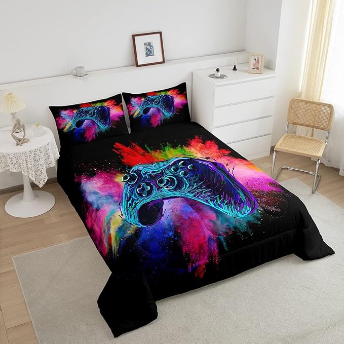Erosebridal Teen Boys Gaming Full Size Comforter Sets Kids Gamer Bedding Set Girls Colorful Tie Dye Down Comforter Video Game Room Deocr Bed Set Navy Blue Gamepad Bedding Quilt with 2 Pillow Cases