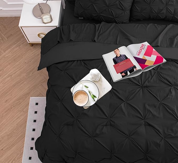 LANE LINEN Twin Comforter Set, 5 Piece Twin Bedding Sets, Ultra Soft Pintuck Twin Bed in a Bag Set with Down Alternative Comforter, Sheets, Pillowcase & Sham, Pinch Pleated Kids Bedding Set - Black