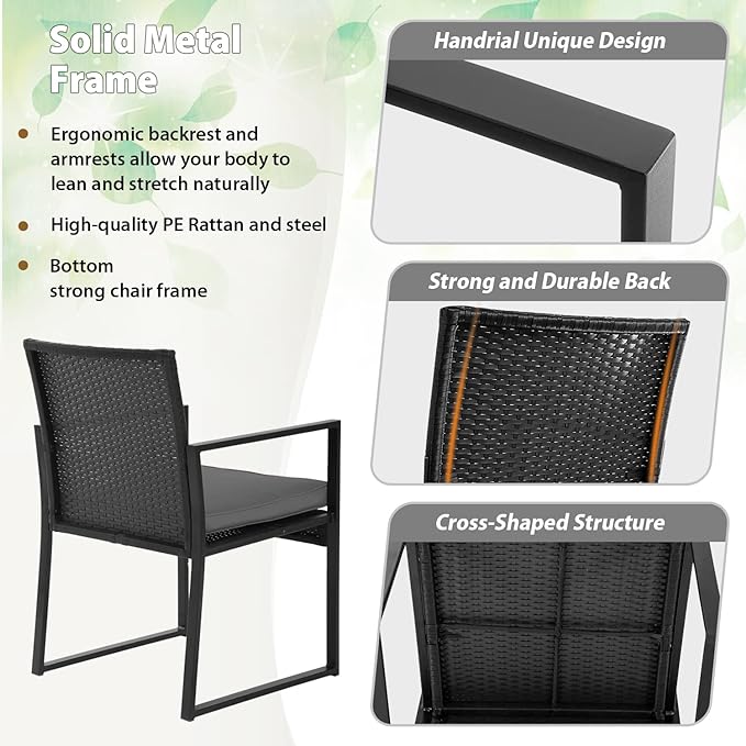 FDW 3 Piece Patio Furniture Sets Wicker Patio Chairs Rattan Outdoor Bistro Set Outdoor Furniture for Backyard Porch Poolside Lawn,Grey Cushion