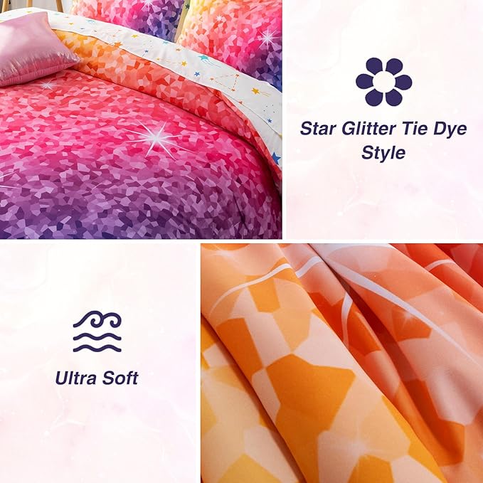 A Nice Night 6Pcs Gradient Abstract Art Grid Mosaic Geometric Bedding Set for Girls, Colorful Rainbow Galaxy Comforter Set, Ultra Soft Bedding Sets (PinkYellow,Full 6Pcs)