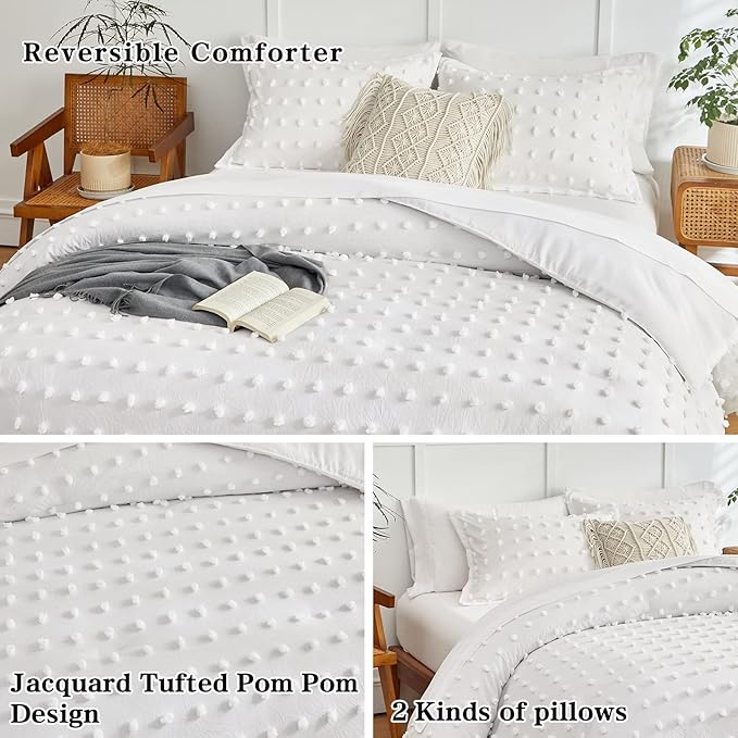 7 Pieces Tufted Dots Bed in a Bag Queen Comforter Set with Sheets White , Soft and Embroidery Shabby Chic Boho Comforters, Solid Color with Pom Pom Design, Jacquard Tufts Bedding Set for All Season