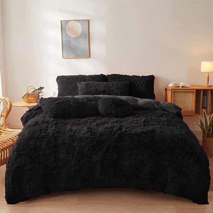 FOPPA Black fluffy Comforter Cover Set king- Ultra Soft fluffy Black Bedding Sets 3 Pieces (1 Duvet Cover + 2 Pillow case) pink fluffy bed set (Black, King)
