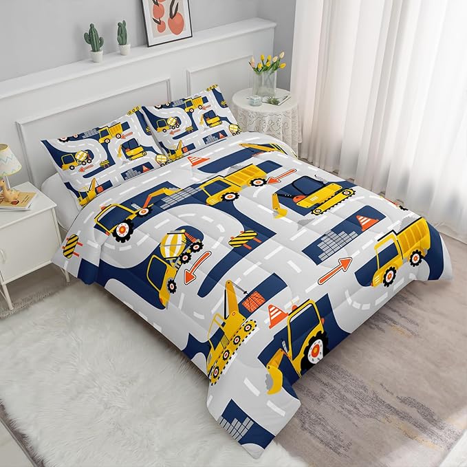 Axolotl Cartoon Excavator Bedding Set Queen,Tractor Truck Bedding Set,Boys Construction Bedding Set,Yellow Vehicles Truck Comforter Construction Site Decor for Kids Boys Teens,1 Quilt 2 Pillowcases