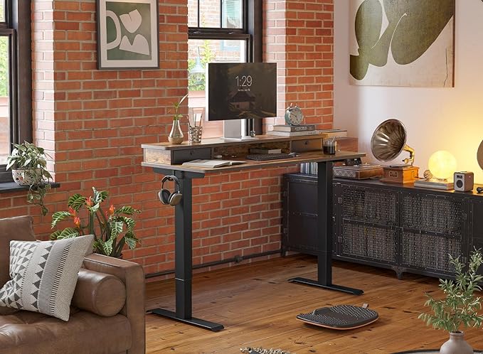 FEZIBO 60 x 24 Inch Height Adjustable Electric Standing Desk with Double Drawer, Stand Up Desk with Storage Shelf, Sit Stand Desk, Rustic Brown