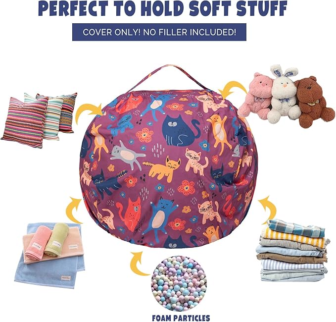 Stuffed Animal Storage Bean Bag Chair Cover, Hold Kids Plush Toys Blankets Towels Beanbag (Cover Only), Canvas Floor Circle Stuff Sit Seat Sofa with YKK Zipper, Extra Large 38", Cat