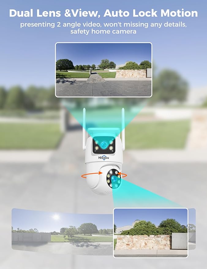 Hiseeu Wireless Security Camera Dual Lens 5G/2.4G WiFi PTZ Camera Outdoor,Power Cord,IP65 Waterproof Motion Tracking,Color Night Version, No-Monthly Fees Works with Wireless Camera System