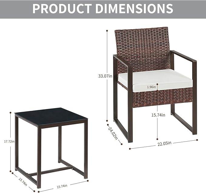 3 Pieces Patio Furniture Set Outdoor Wicker Bistro set Rattan Chair Conversation Sets with Coffee Table for Porch, Balcony,Garden,Backyard and Removable Cushions Beige