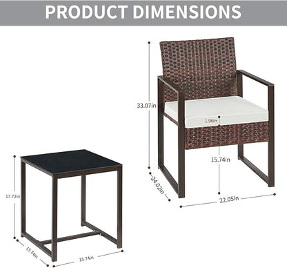 3 Pieces Patio Furniture Set Outdoor Wicker Bistro set Rattan Chair Conversation Sets with Coffee Table for Porch, Balcony,Garden,Backyard and Removable Cushions Beige