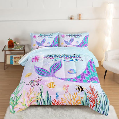 HOSIMA Mermaid Tail Comforter Set for Kids Girls Teens Bedroom Decor,Cartoon Scallop Sea Turtle Sea Horses Octopus Kawaii Bedding Set Mermaid Fish Scale Queen Comforter Set.Ocean Comforter